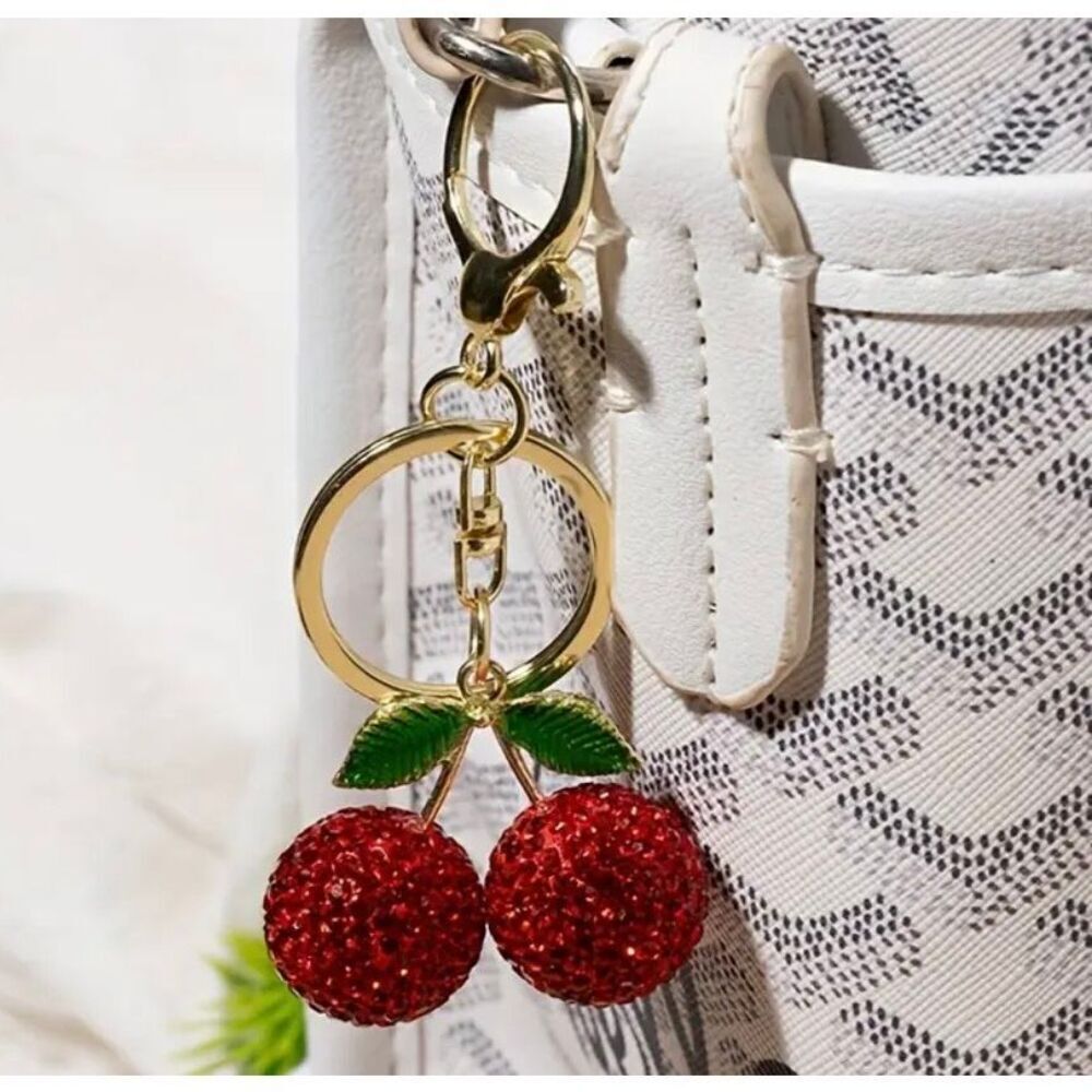 Red Cherry Rhinestone Keychain Sparkle Pendant Bag Charm Cute Accessory - Picture 3 of 5